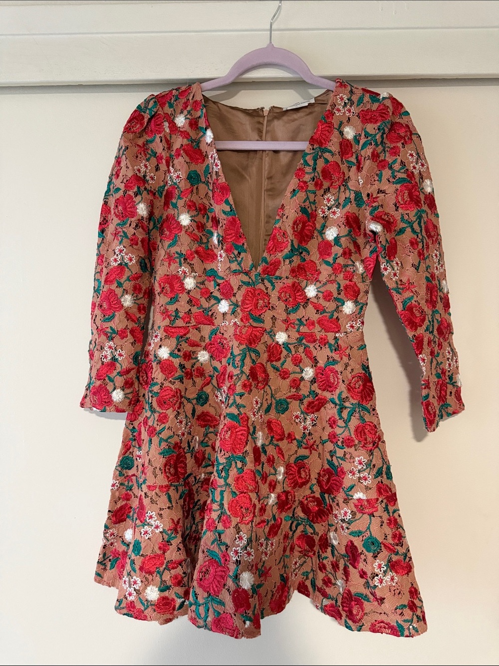 Lovers + Friends Floral Mini Dress in Tan, Red & Green